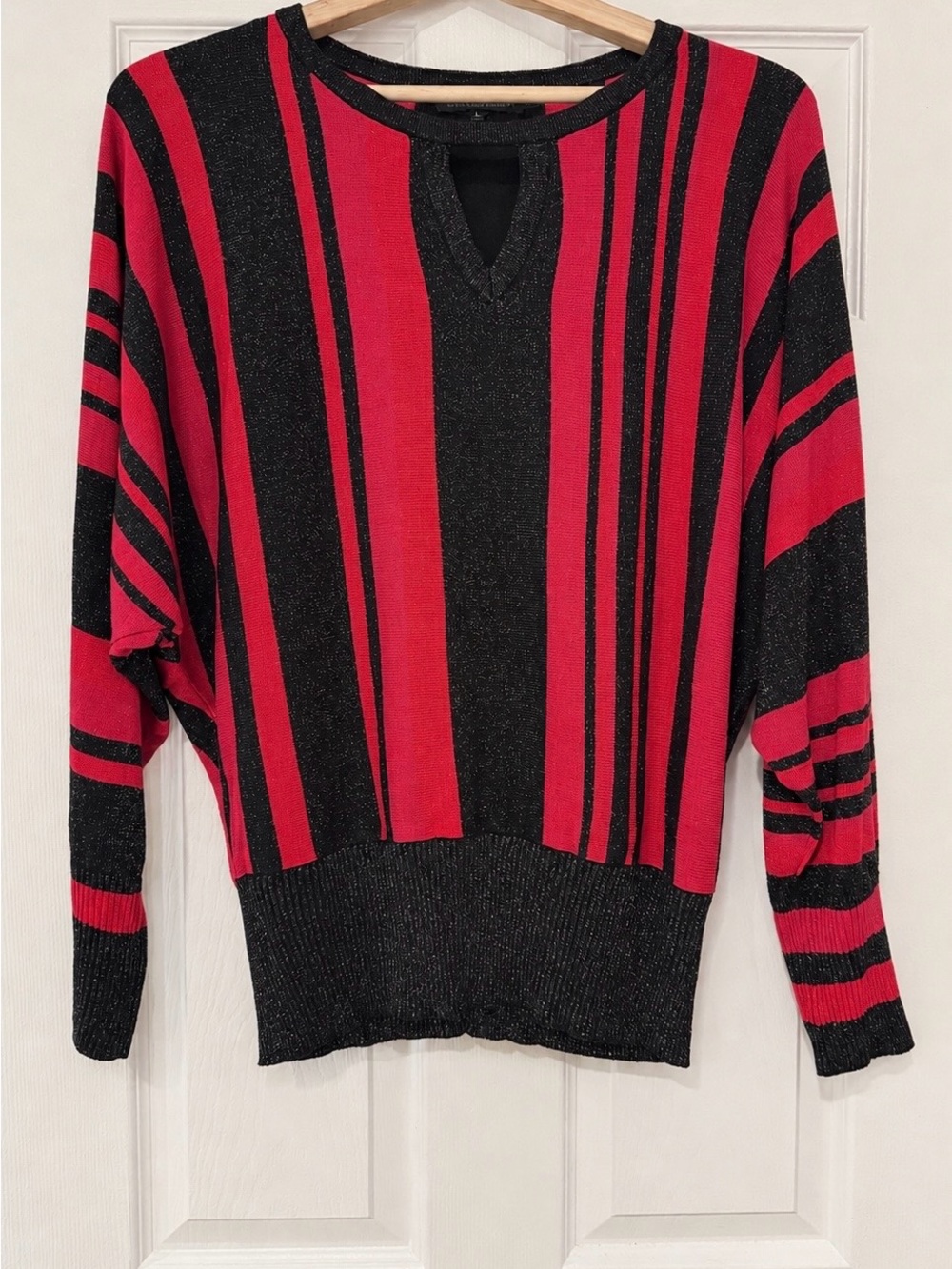 Joseph A Metallic Glitter Striped Sweater L Pink Black Batwing Keyhole Shimmer
